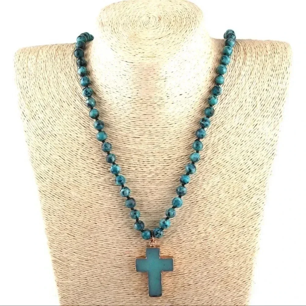 Natural Stones Howlite Cross Pendant Necklace